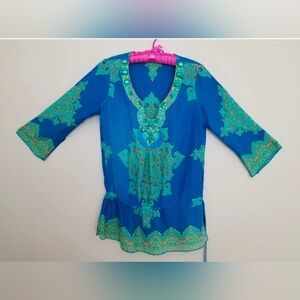 Hale Bob Cabana Women's Cotton/Silk Blend Beaded Neck Tunic Blue/Green Top Sz S